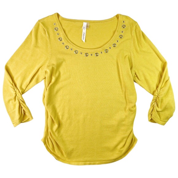 NY Collection Sz Large Women's Sweater Ruching Sleeves Sides Yellow Grommet Neck - Picture 2 of 11